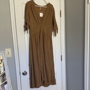 Free People Brown Maxi Dress with Button Detail